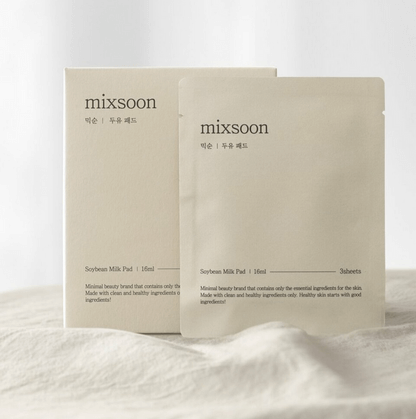Box and package of MIXSOON Soybean Milk Pad displayed on a fabric surface