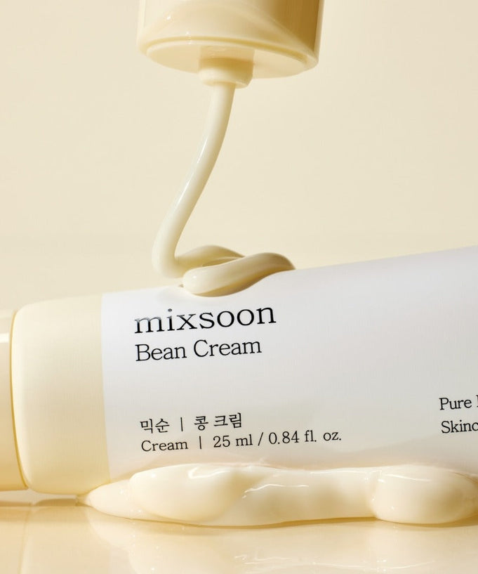 MIXSOON Bean Cream 25ml bottle with cream texture shown, highlighting skincare benefits.