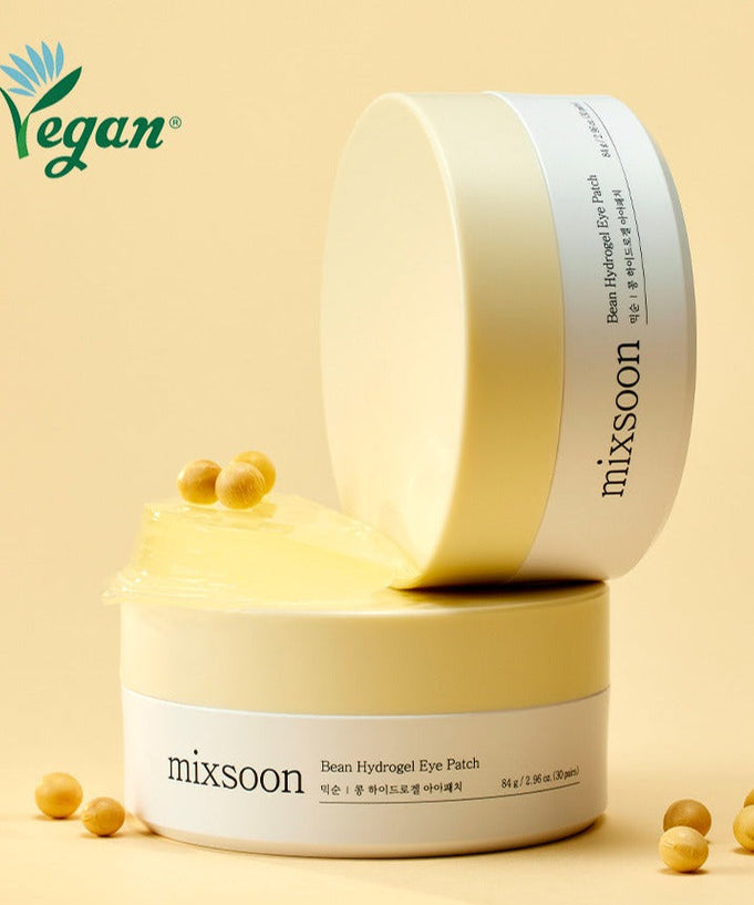 MIXSOON Bean Hydrogel Eye Patch 60 Sheets in yellow packaging with vegan logo.
