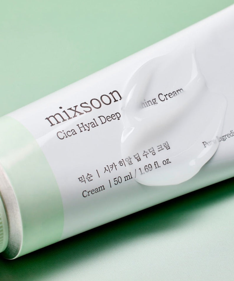 MIXSOON Cica Hyal Deep Soothing Cream 50ml on mint background showing product texture
