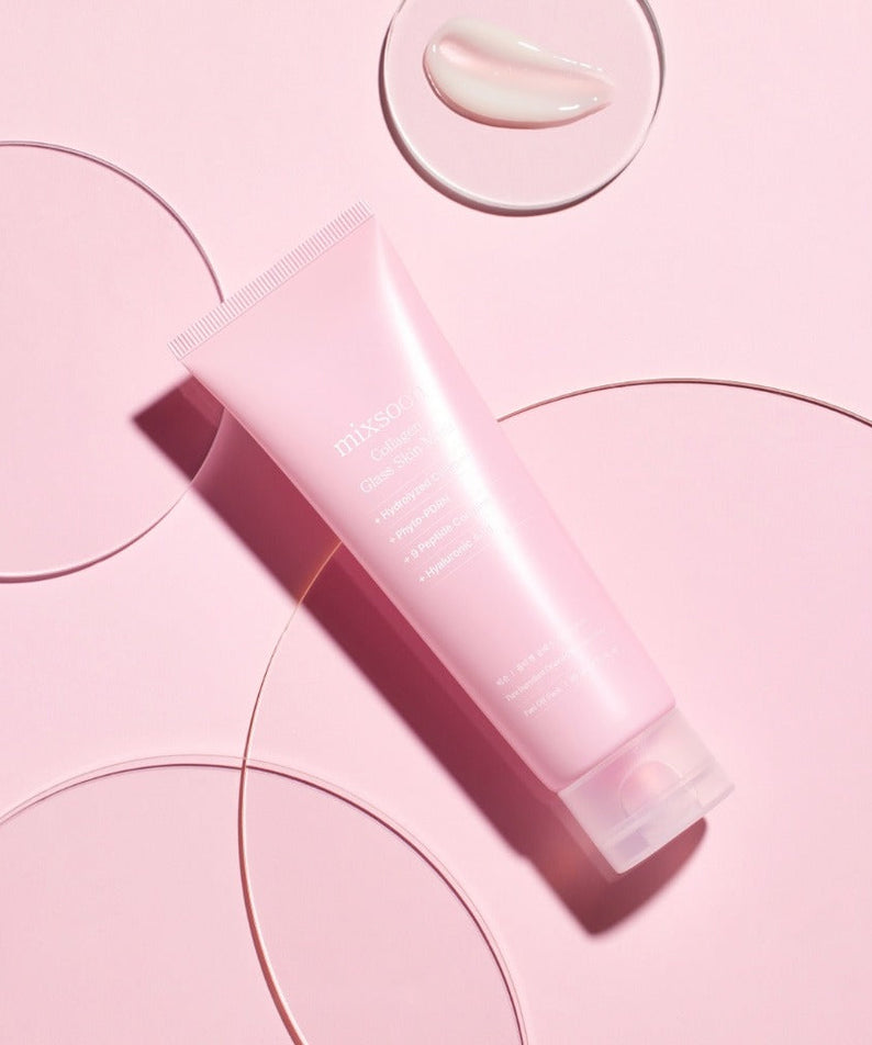 MIXSOON Collagen Glass Skin Mask 80ml tube on a pink background with cream texture detail, highlighting hydrating skincare product.