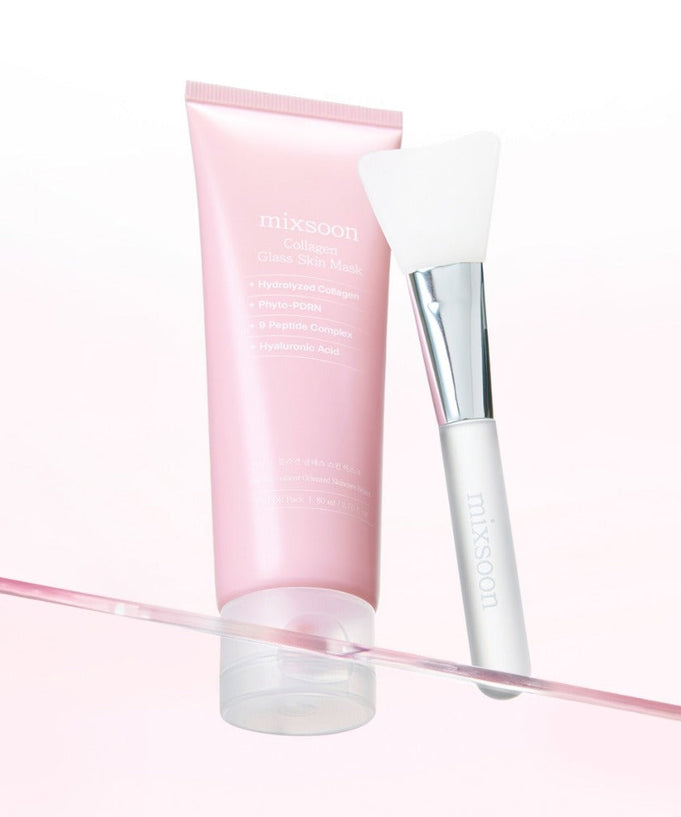MIXSOON Collagen Glass Skin Mask 80ml tube with applicator brush on a pink background