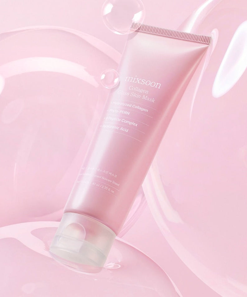MIXSOON Collagen Glass Skin Mask 80ml on pink background with bubbles, highlighting skincare and hydration benefits.