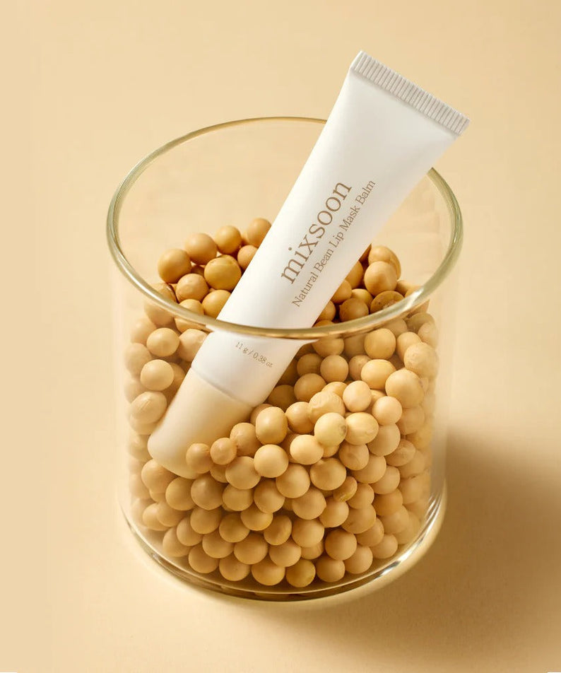 MIXSOON Natural Bean Lip Mask bean in a clear glass with natural beans, nourishing lip care product display.