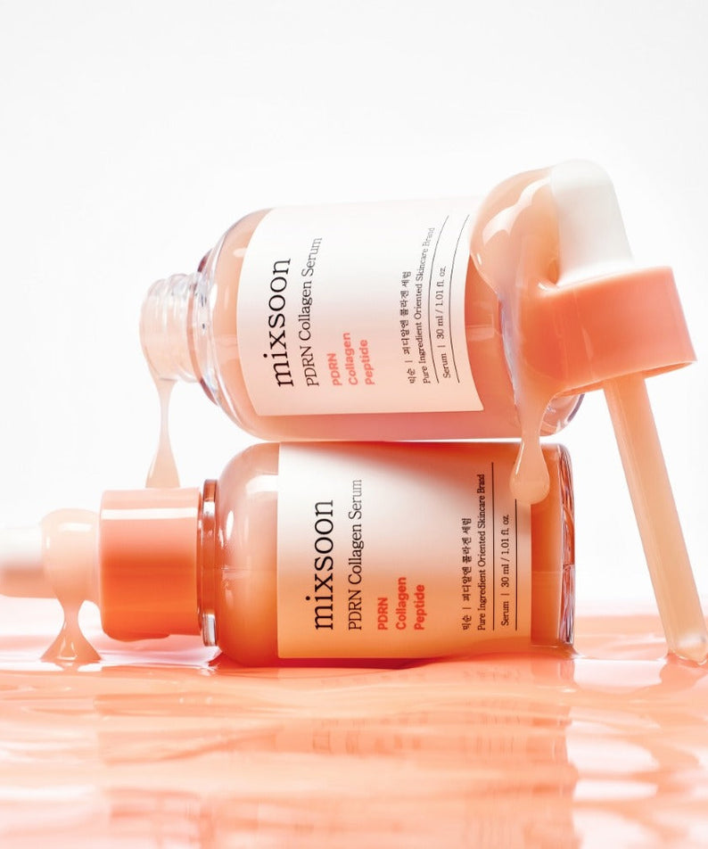 Two bottles of MIXSOON PDRN Collagen Serum 30ml with droppers, showcasing the serum consistency.