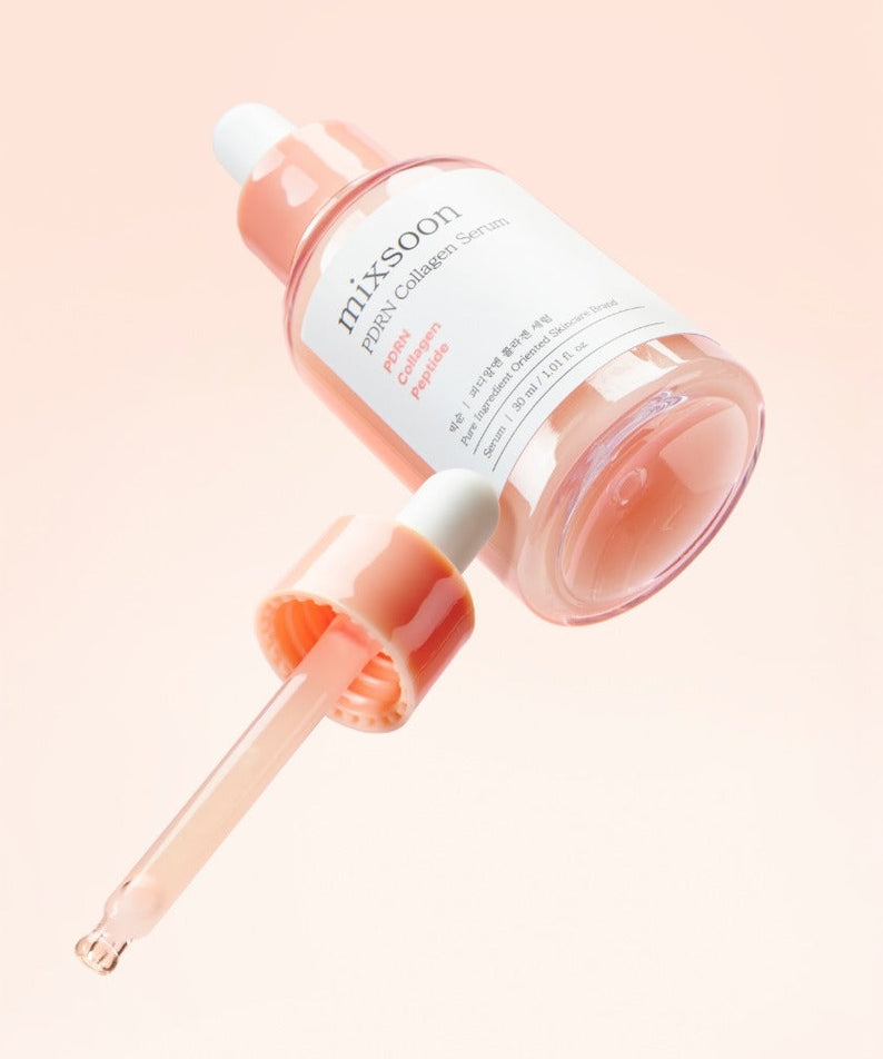MIXSOON PDRN Collagen Serum 30ml with dropper, shown on a soft pink background.
