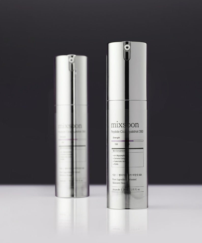 MIXSOON Peptide Cica Hyal Shot 350 30ml serum in sleek silver bottle design on display