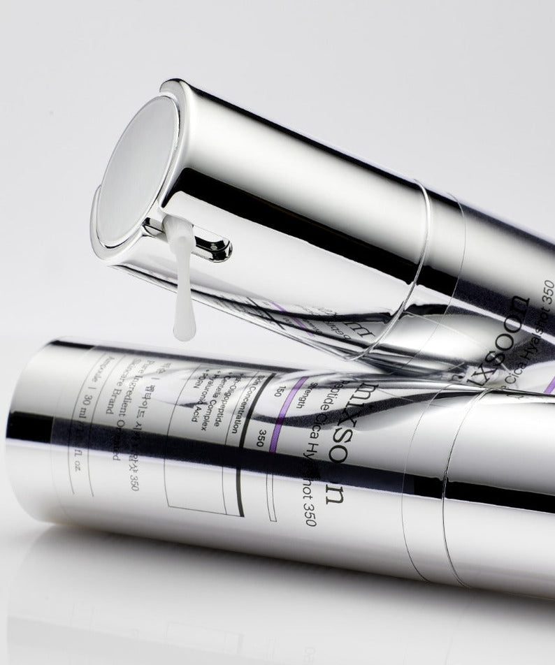 MIXSOON Peptide Cica Hyal Shot 350 30ml skincare product bottle with sleek silver design, featuring a pump dispenser for easy application.