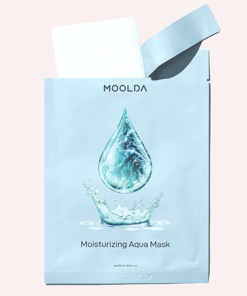 MOOLDA Moisturizing Aqua Mask with hydrating water droplet design on a sleek packaging