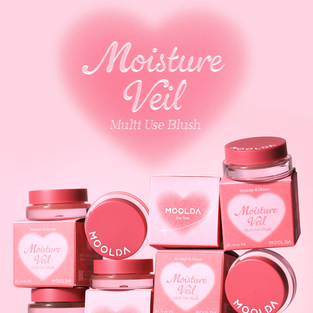 MOOLDA Water Moisture Veil Multi-Use Blusher products displayed with pink packaging