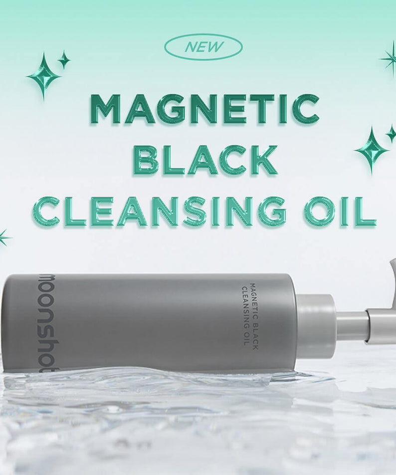 MOONSHOT Megnetic Black Cleansing Oil bottle on water surface with product name shining above.