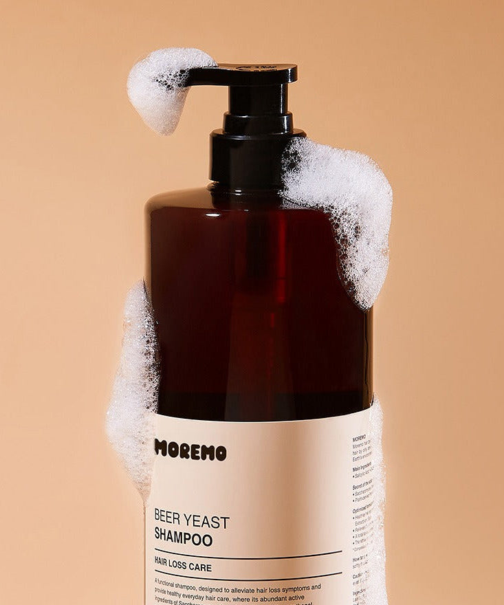 MOREMO Beer Yeast Shampoo 1000ml bottle with foamy bubbles, ideal for hair loss care and nourishment.