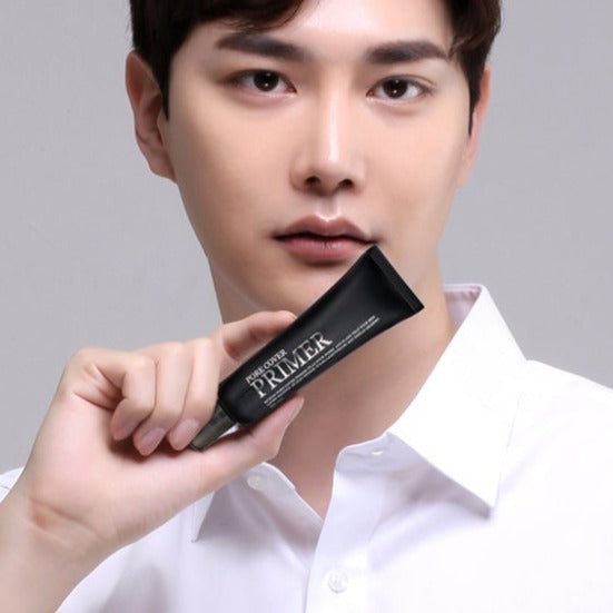 MUKAN Homme Pore Cover Primer 30ml held by a well-groomed gentleman model, Gentleman Korea product photo for men’s skincare