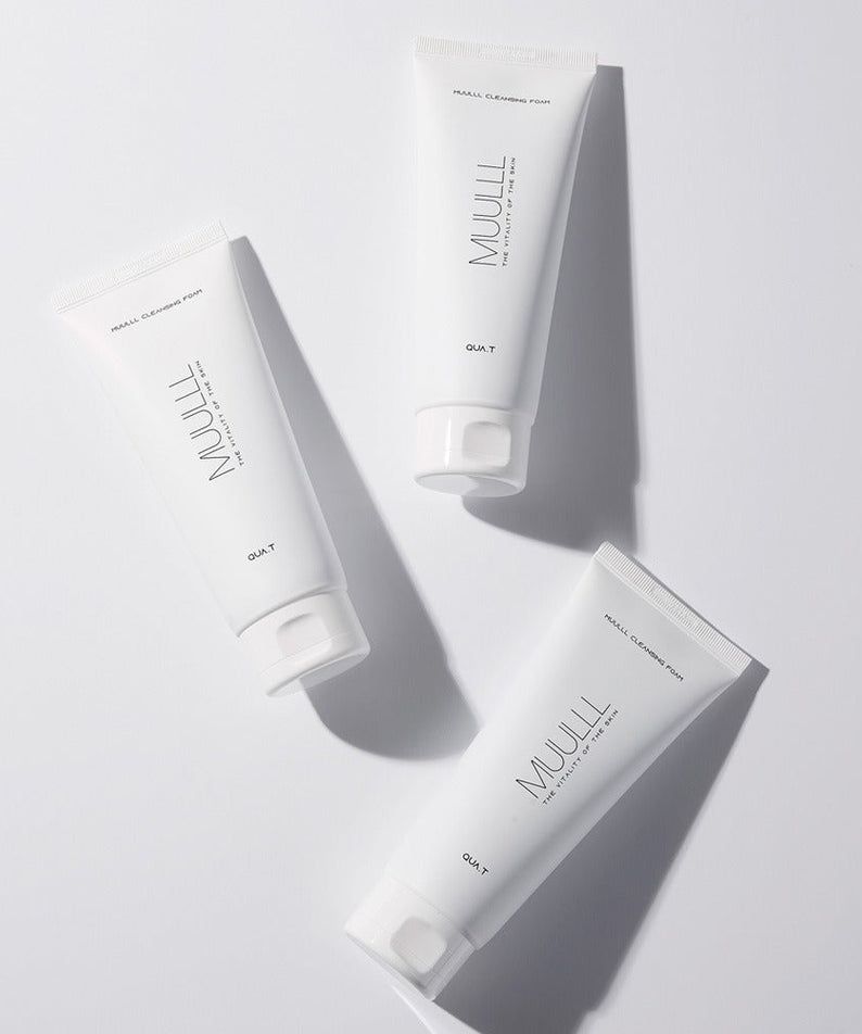 Three tubes of QUA-T Petavegan Large Capacity Cleansing Foam 250g on a white background.