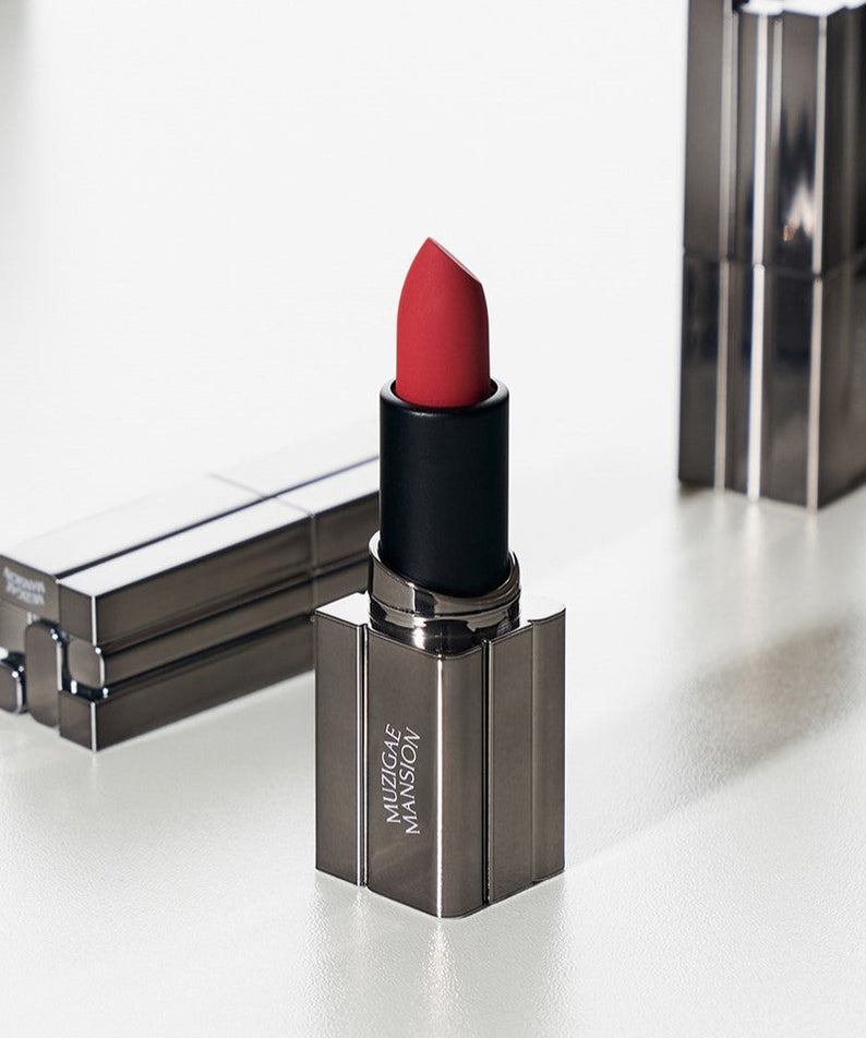 MUZIGAE MANSION Moodwear Blur Lipstick in red shade with metallic case.