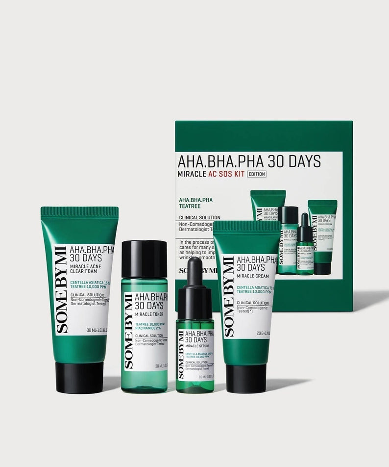SOME BY MI AHA.BHA.PHA Miracle Acne SOS Kit (Foam+Toner+Serum+Cream) - Complete skincare set for acne treatment and care.