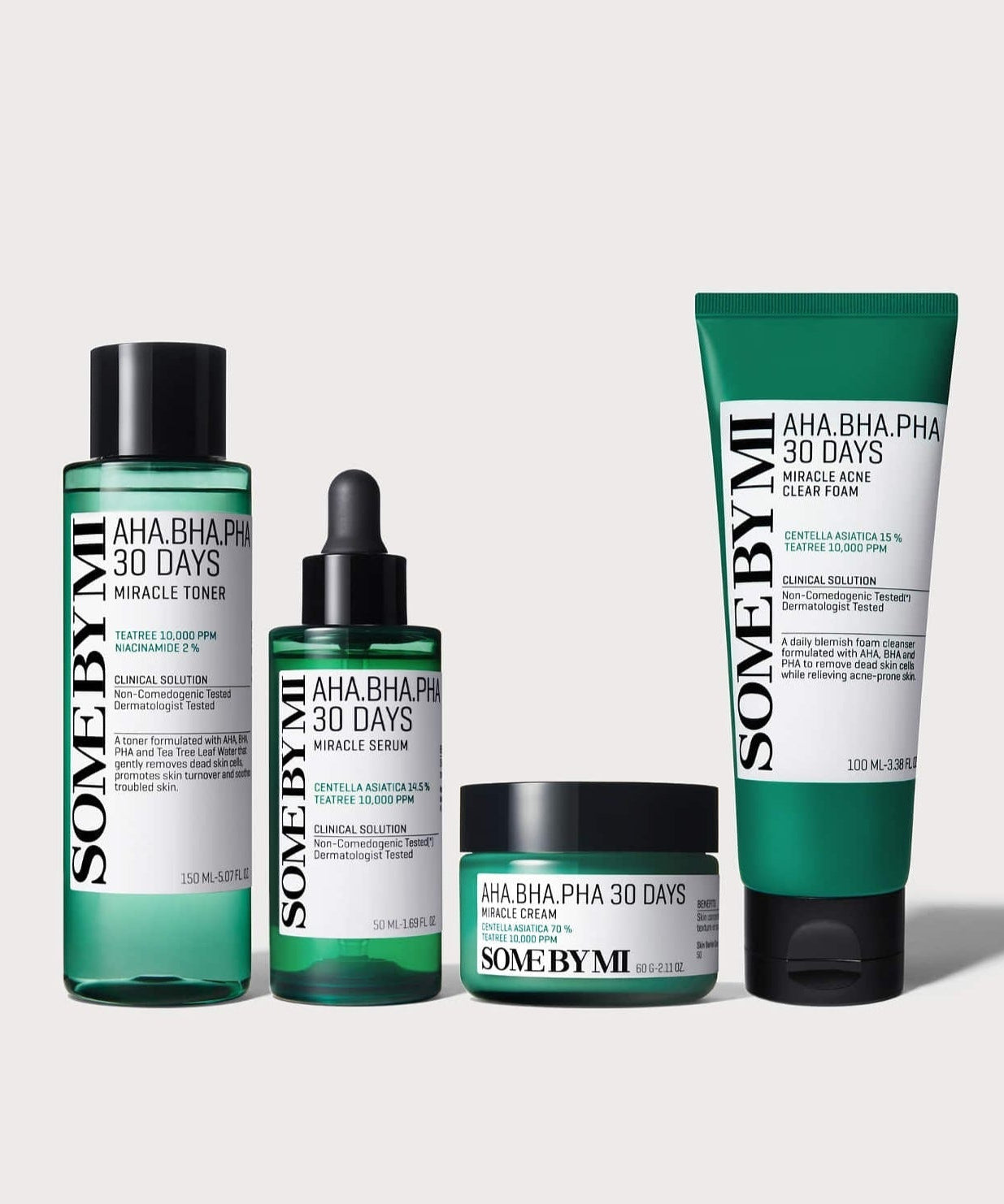 SOME BY MI Miracle All Care Set (Foam+Toner+Serum+Cream+Mask) featuring skincare products for daily use.