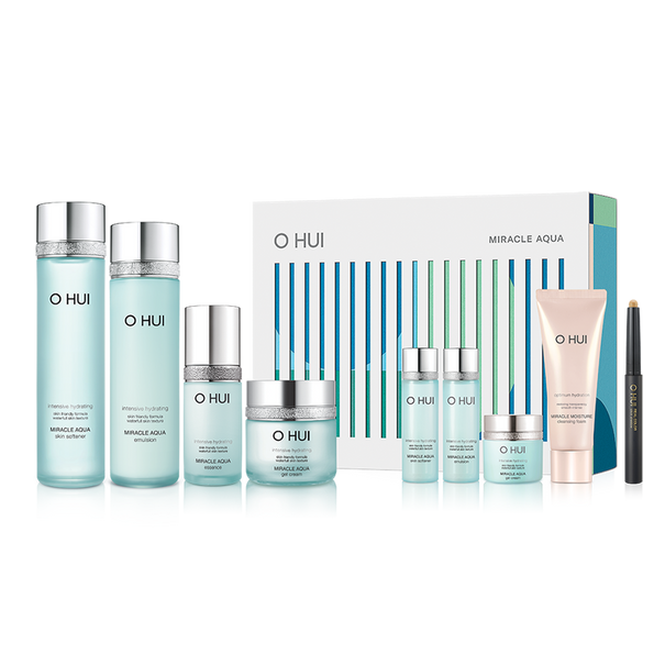 OHUI Miracle Aqua Set (Skin Softener, Emulsion, Essence, Gel Cream, Hyaluronic Water Patch) available on Koolseoul.com, your Korean Eshop from Seoul !