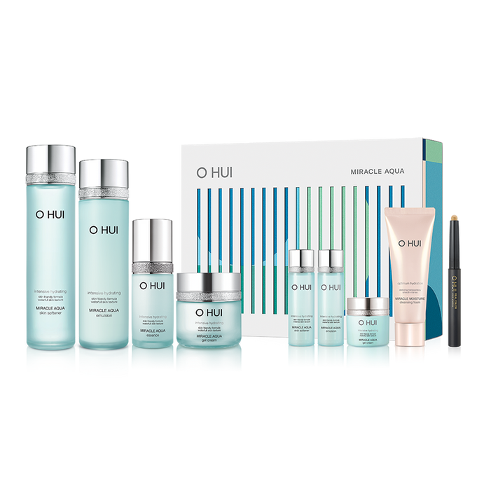 OHUI Miracle Aqua Set (Skin Softener, Emulsion, Essence, Gel Cream, Hyaluronic Water Patch) | Kool Seoul