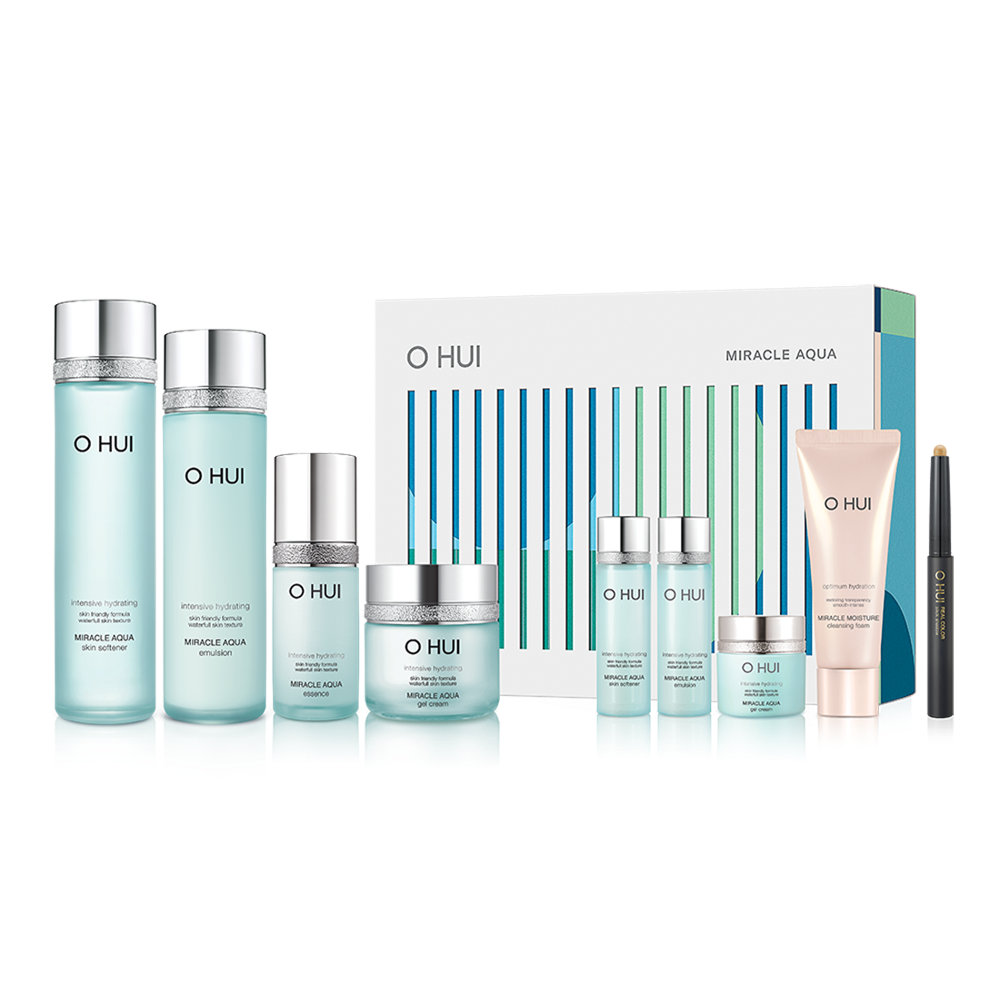OHUI Miracle Aqua Set (Skin Softener, Emulsion, Essence, Gel Cream, Hyaluronic Water Patch) | Kool Seoul