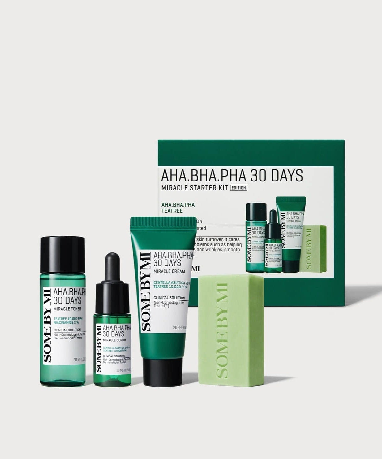 Image of SOME BY MI AHA.BHA.PHA Miracle Starter Kit (Cleansing Bar+Toner+Serum+Cream) with product packaging.