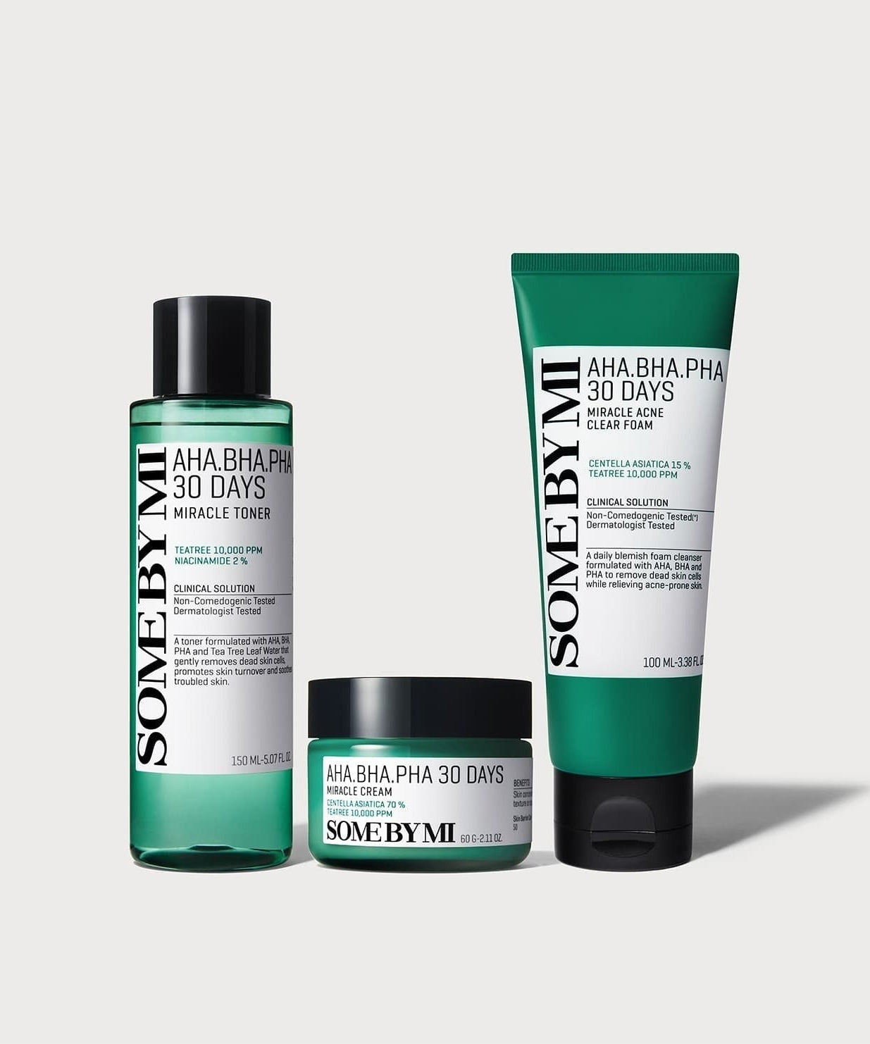 SOME BY MI Miracle Best Set (Foam+Toner+Cream) beauty products lineup with toner, cream, and foam on a neutral background.