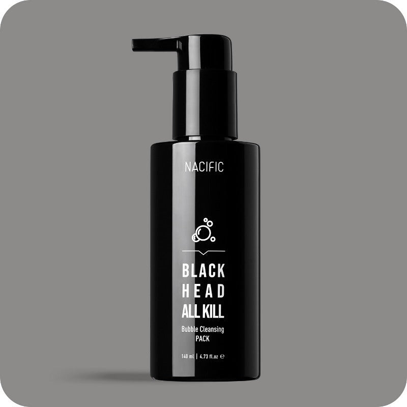 NACIFIC Black Head All Kill Bubble Cleansing Pack 140ml bottle on gray background