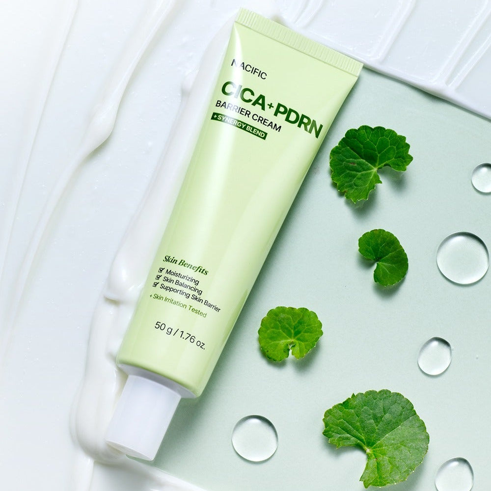 NACIFIC Fresh Cica PDRN Barrier Cream 50g tube with green leaves and cream texture, highlighting skin benefits