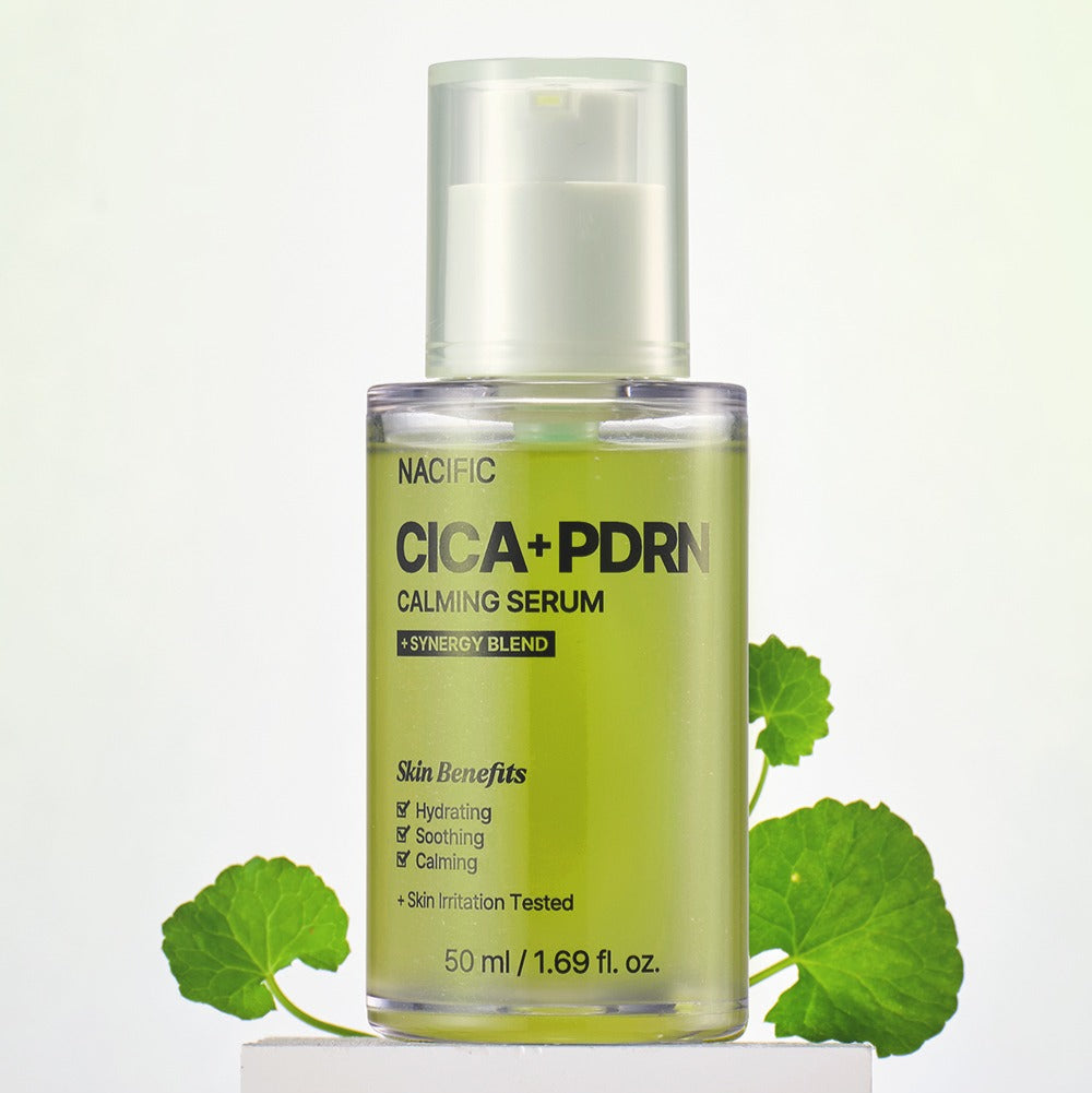 NACIFIC Fresh Cica PDRN Calming Serum 50ml bottle with green leaves.