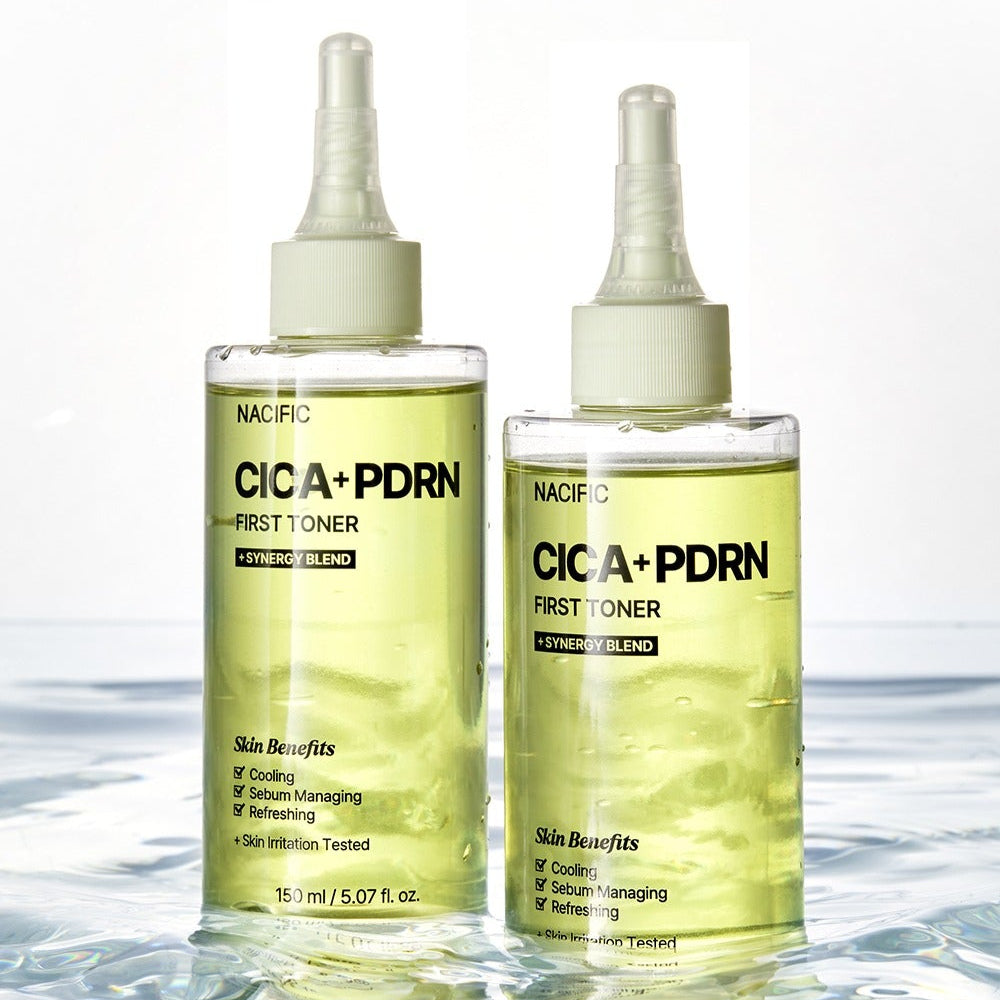 NACIFIC Fresh Cica PDRN First Toner 150ml - Two bottles displayed on a reflective watery surface.