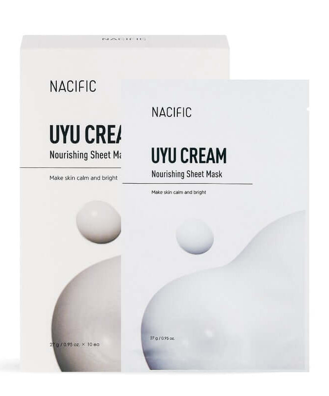 NACIFIC Milk Cream Nourishing Mask Pack displayed with packaging featuring a calm and bright skin promise.