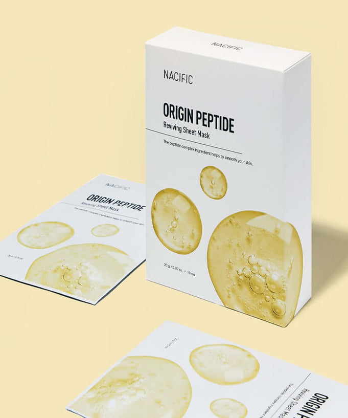 NACIFIC Origin Peptide Reviving Mask Pack featuring packaging and individual mask sheets