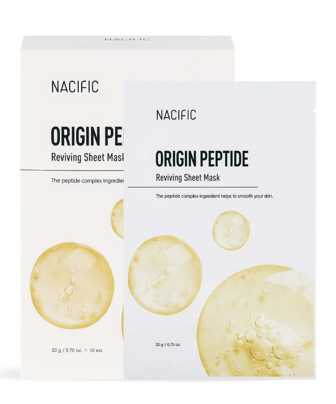 NACIFIC Origin Peptide Reviving Mask Pack with box and single sheet mask displayed.