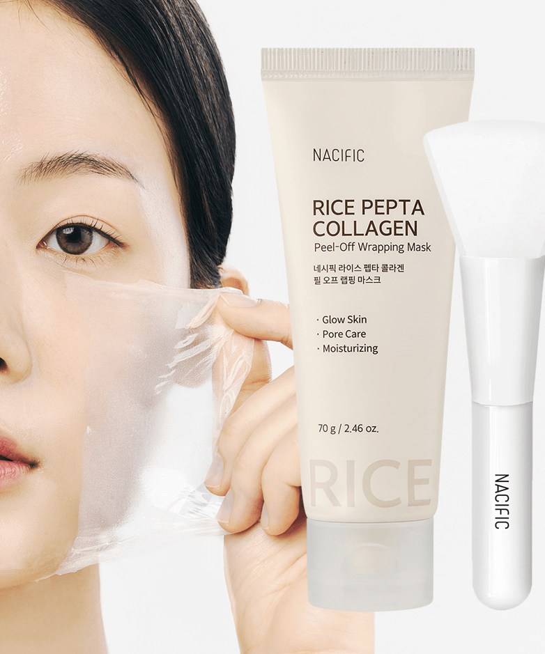 NACIFIC Rice Pepta Collagen Peel Off Wrapping Mask 70g peeling application with product tube and brush.