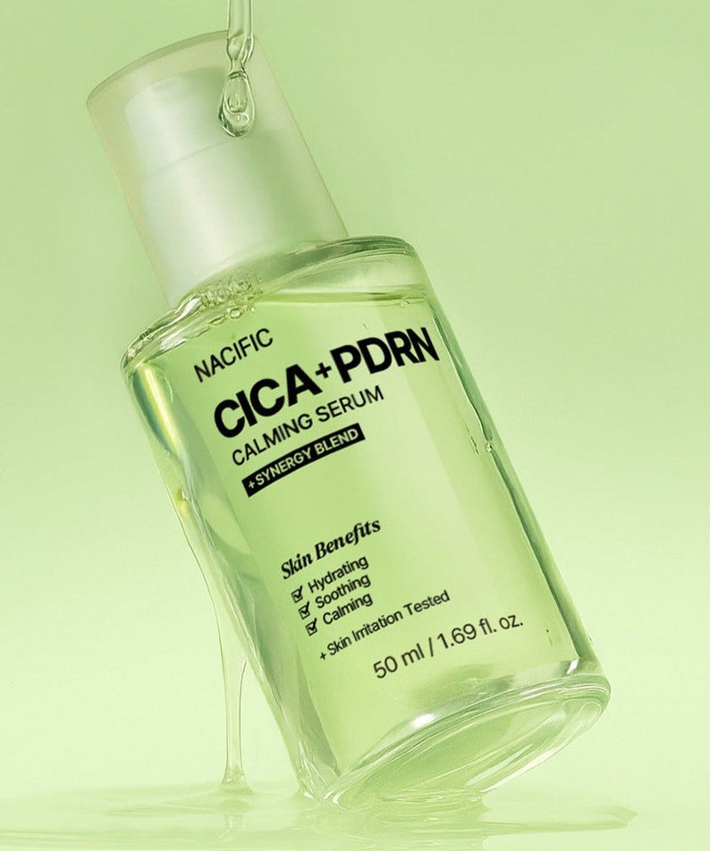 NACIFIC Fresh Cica PDRN Calming Serum 50ml bottle with green liquid, hydrating and soothing skincare product.
