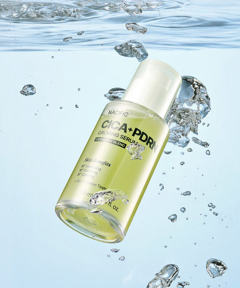 NACIFIC Fresh Cica PDRN Calming Serum 50ml bottle floating in water, showcasing calming properties and refreshing design.