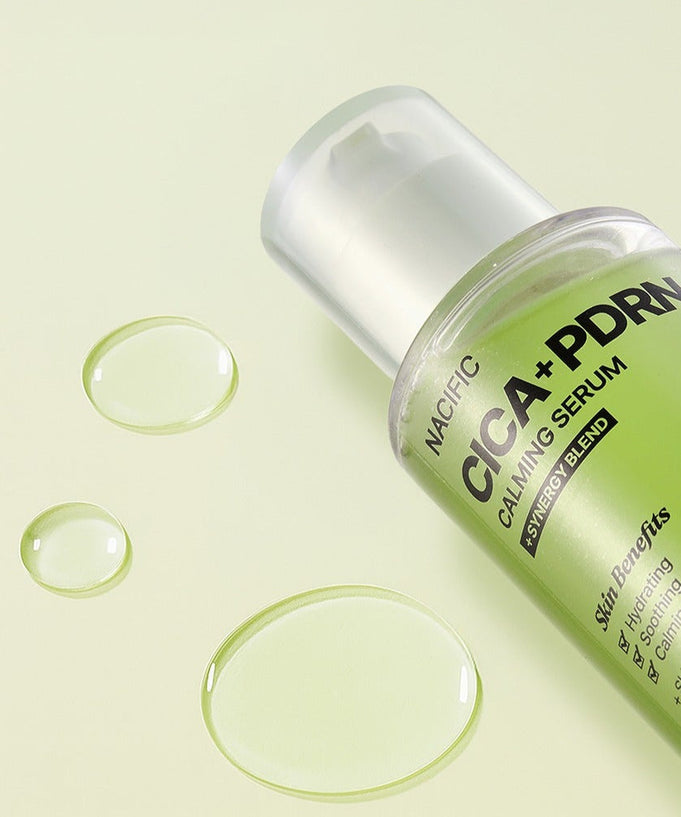 NACIFIC Fresh Cica PDRN Calming Serum 50ml bottle with droplets displayed on a light green background