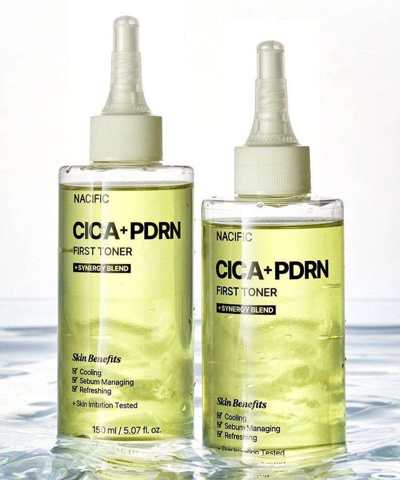NACIFIC Fresh Cica PDRN First Toner 150ml - Two bottles displayed on a reflective watery surface.