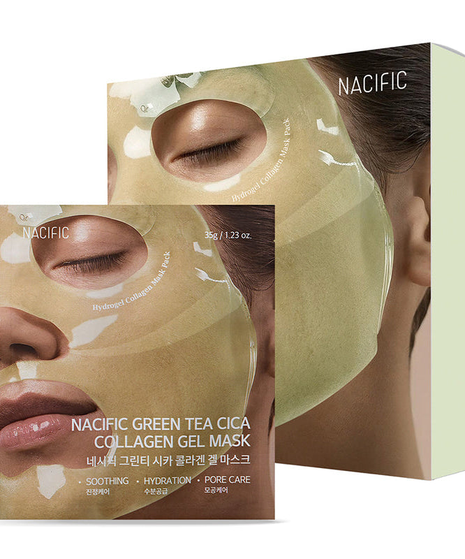 NACIFIC Green tea Cica Collagen Gel Mask set featuring soothing and hydrating sheet masks for pore care, boxed set of 4.