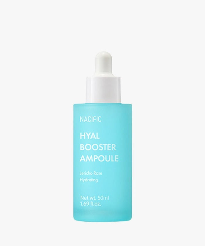 NACIFIC Hyal Booster Ampoule 50ml with hydrating formula in a blue bottle, ideal for skin rejuvenation and moisture retention.