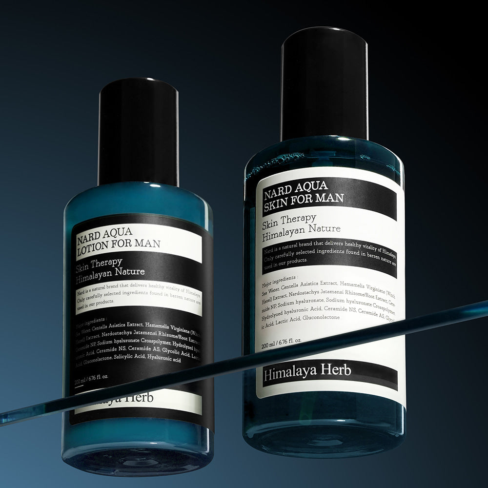 NARD Aqua Skin Lotion 2 Pieces Set For Men 200ml by Gentleman Korea – blue bottles, men’s hydrating skin lotion set, Himalaya Herb