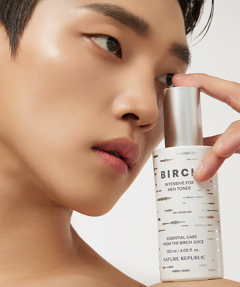 NATURE REPUBLIC Birch Intensive For Men Toner 120ml - Gentleman Korea product image showing male model holding toner bottle