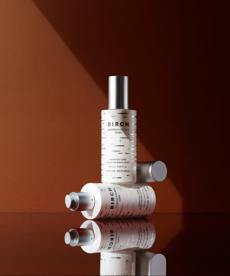 NATURE REPUBLIC Birch Intensive For Men Toner 120ml - Gentleman Korea product photo of two bottles on brown background