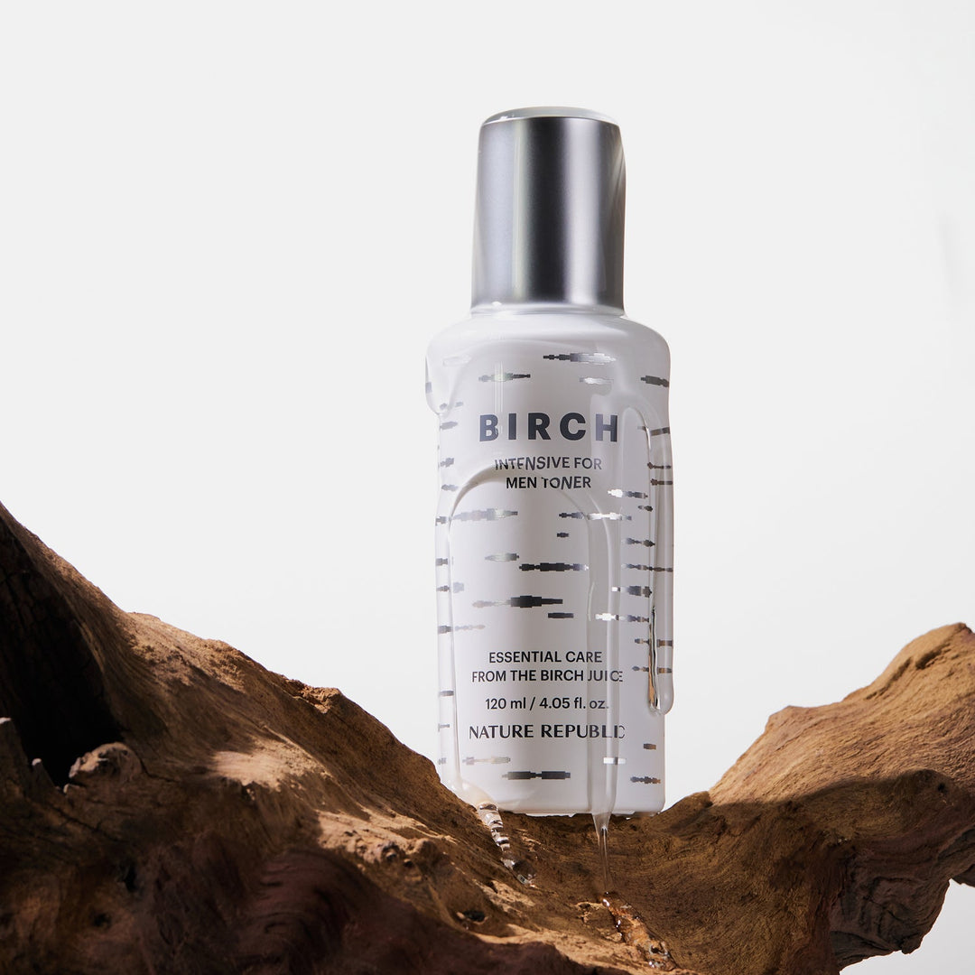 NATURE REPUBLIC Birch Intensive For Men Toner 120ml in white bottle on wood display by Gentleman Korea, men’s Korean skincare toner