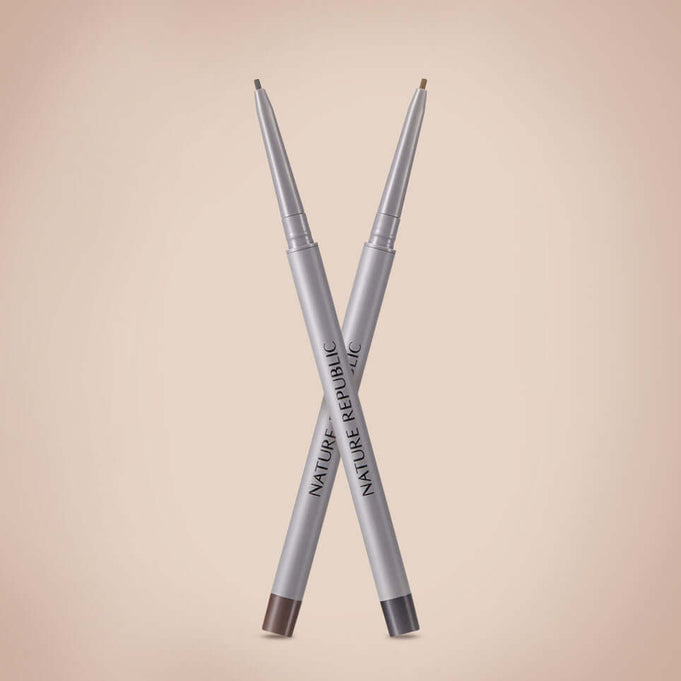 NATURE REPUBLIC Botanican Microfiber Slim Fit Eyeliner in silver and brown shades against a neutral background.