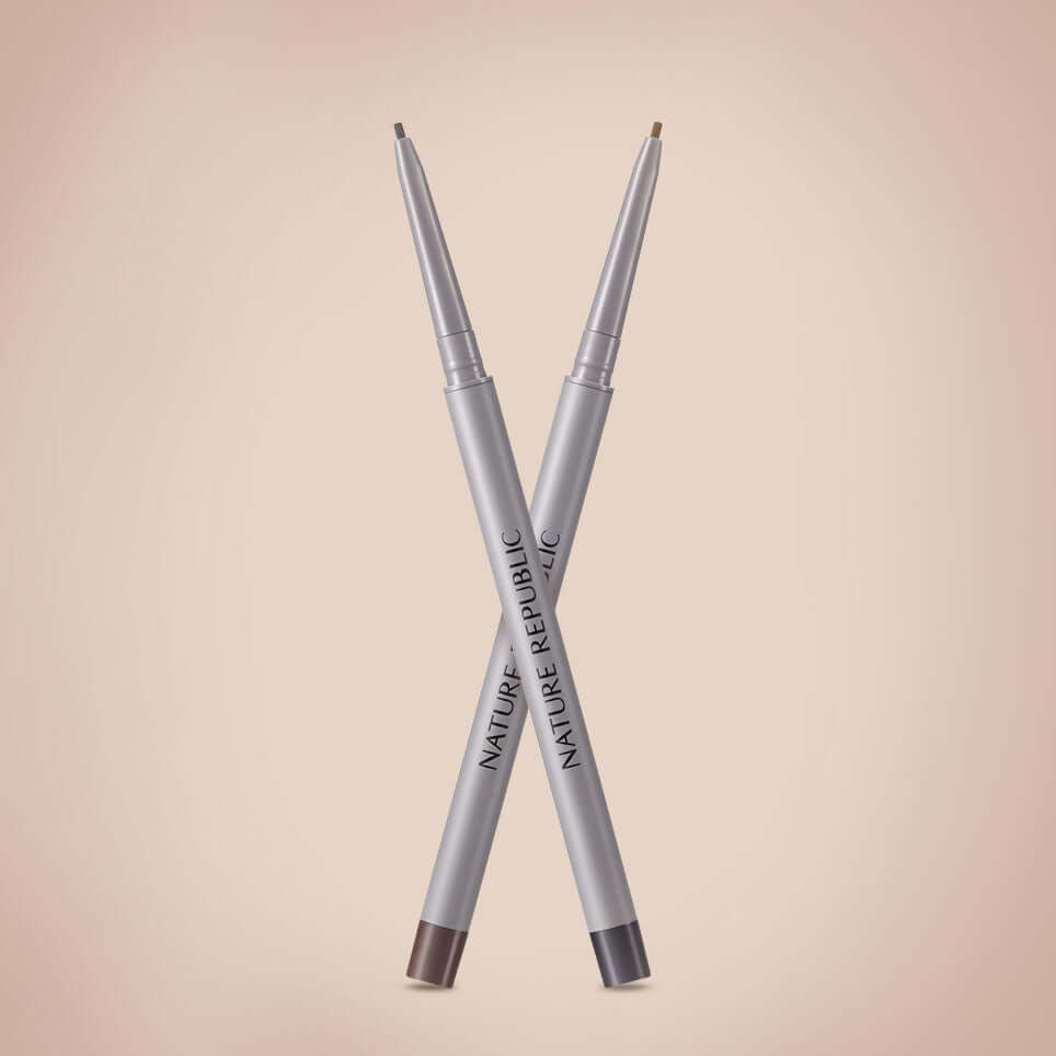 NATURE REPUBLIC Botanican Microfiber Slim Fit Eyeliner in silver and brown shades against a neutral background.