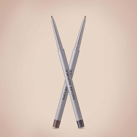 NATURE REPUBLIC Botanican Microfiber Slim Fit Eyeliner in silver and brown shades against a neutral background.