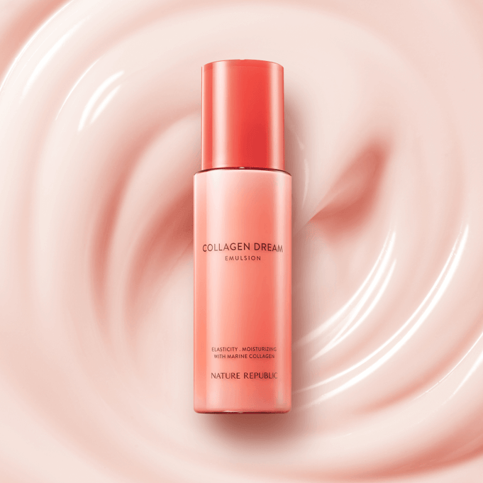 NATURE REPUBLIC Collagen Dream 70 Emulsion 130ml product image with pink swirled background.