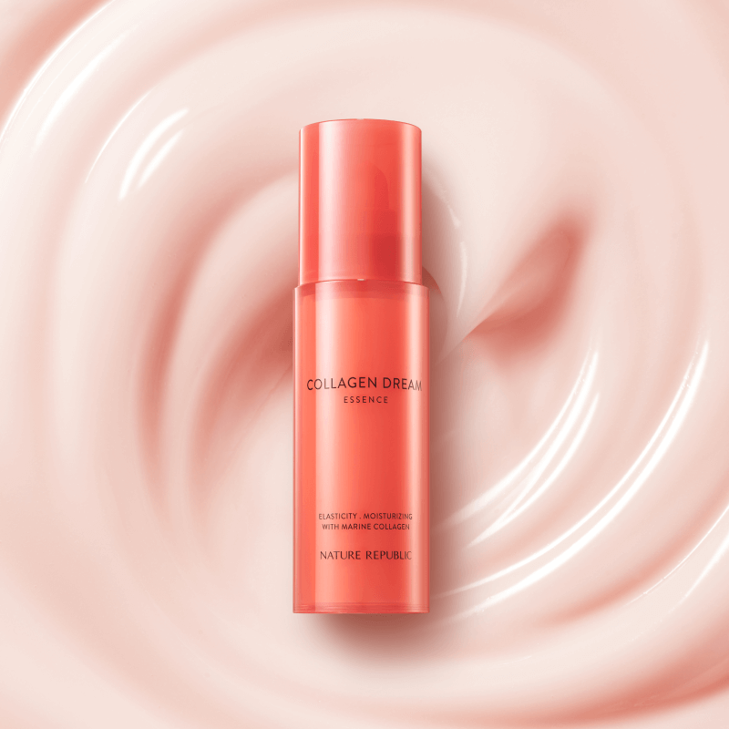 NATURE REPUBLIC Collagen Dream 70 Essence 40ml bottle on a creamy pink background for skincare and hydration.