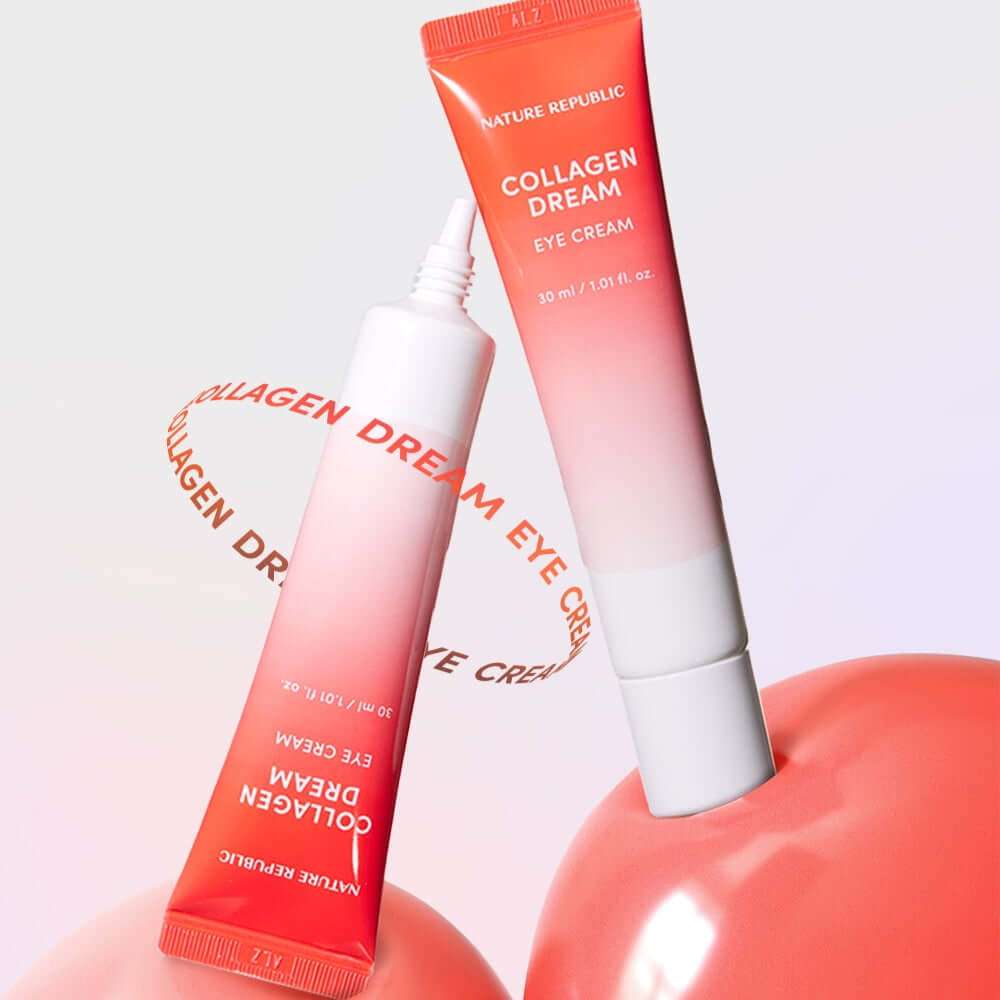 NATURE REPUBLIC Collagen Dream Eye Cream 30ml displayed with vibrant packaging on a reflective surface.
